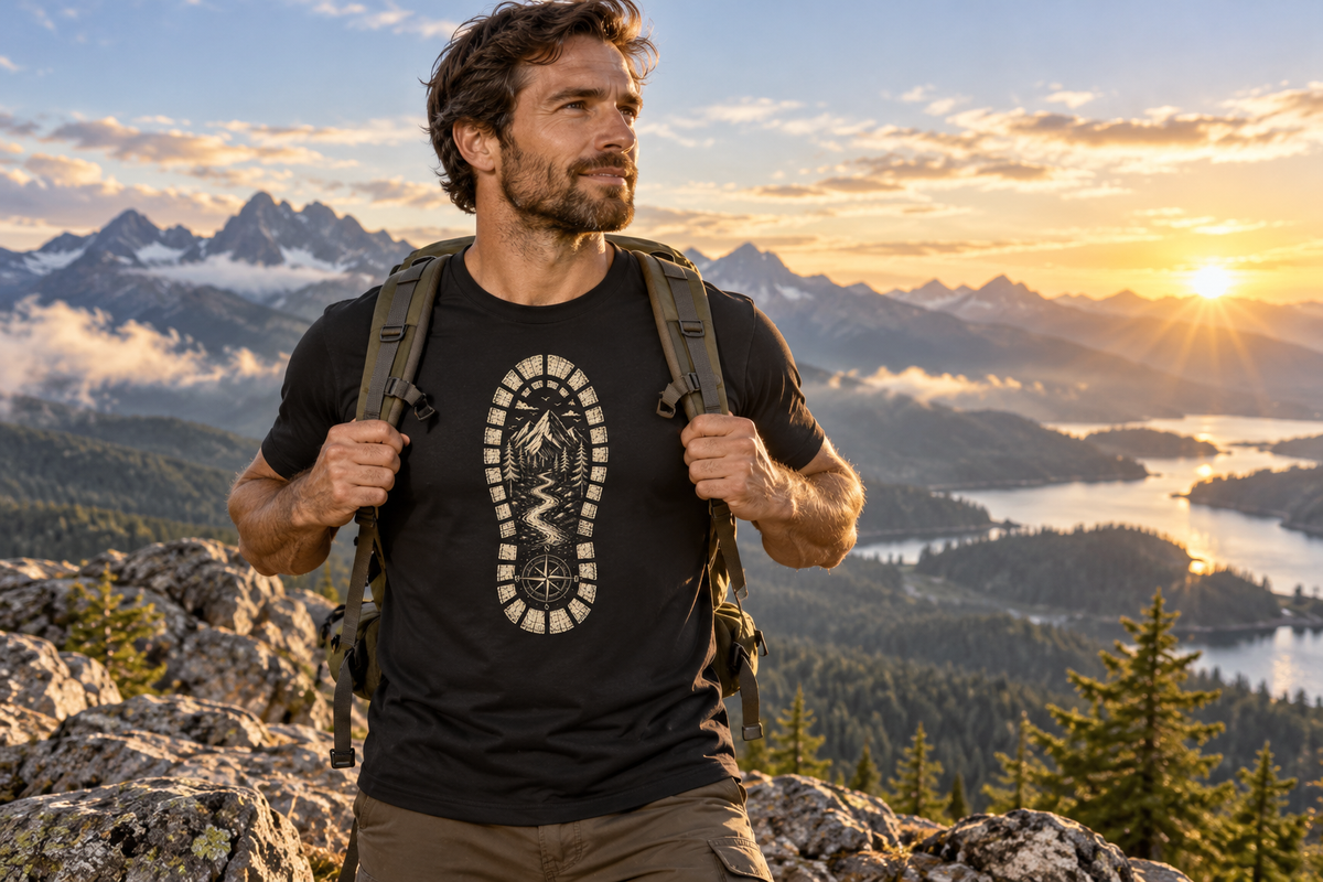 Hiker wearing the Mountains Are Calling T-shirt at a sunrise mountain overlook
