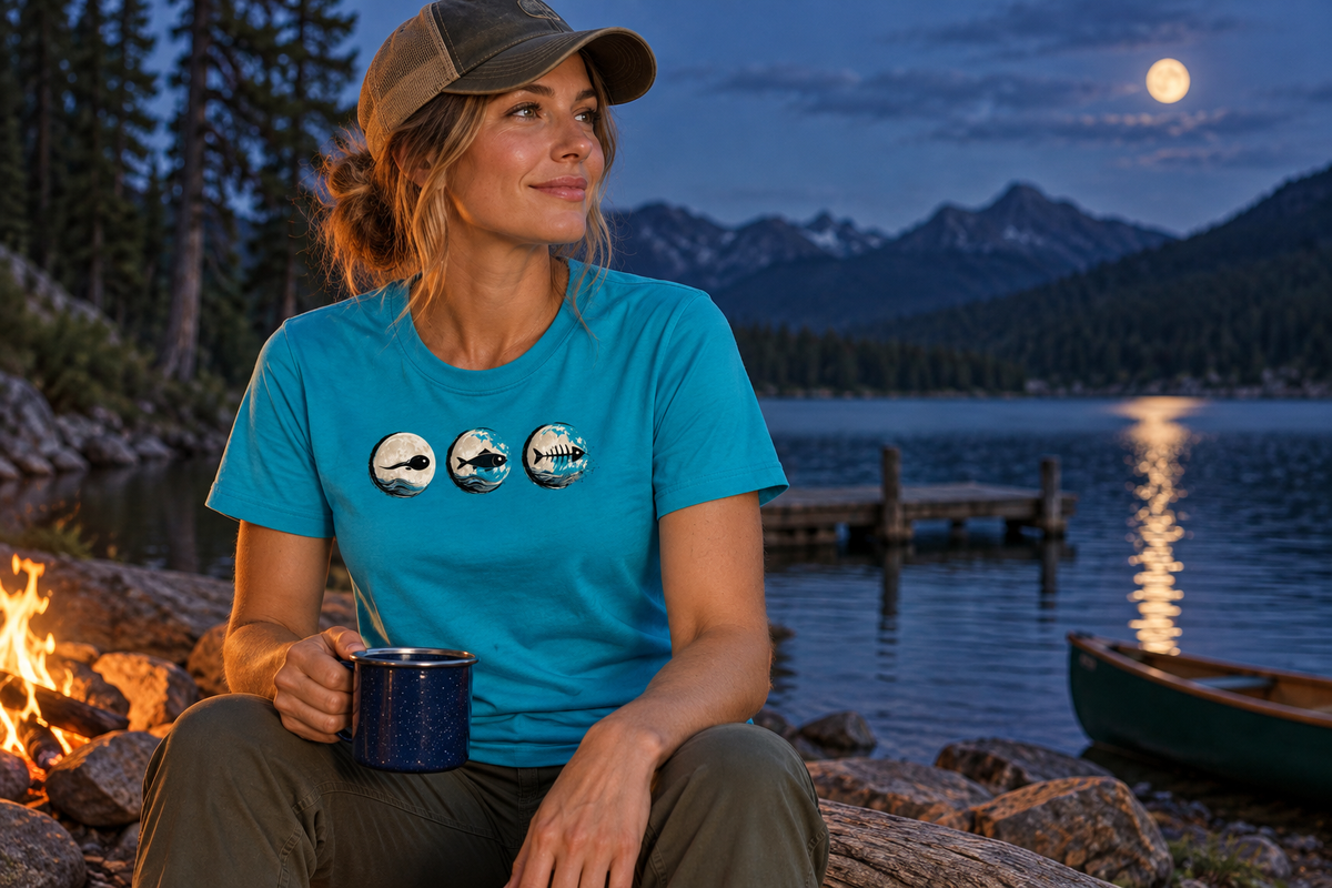 Woman wearing the Colorful Moon Badges T-shirt beside a moonlit mountain lake