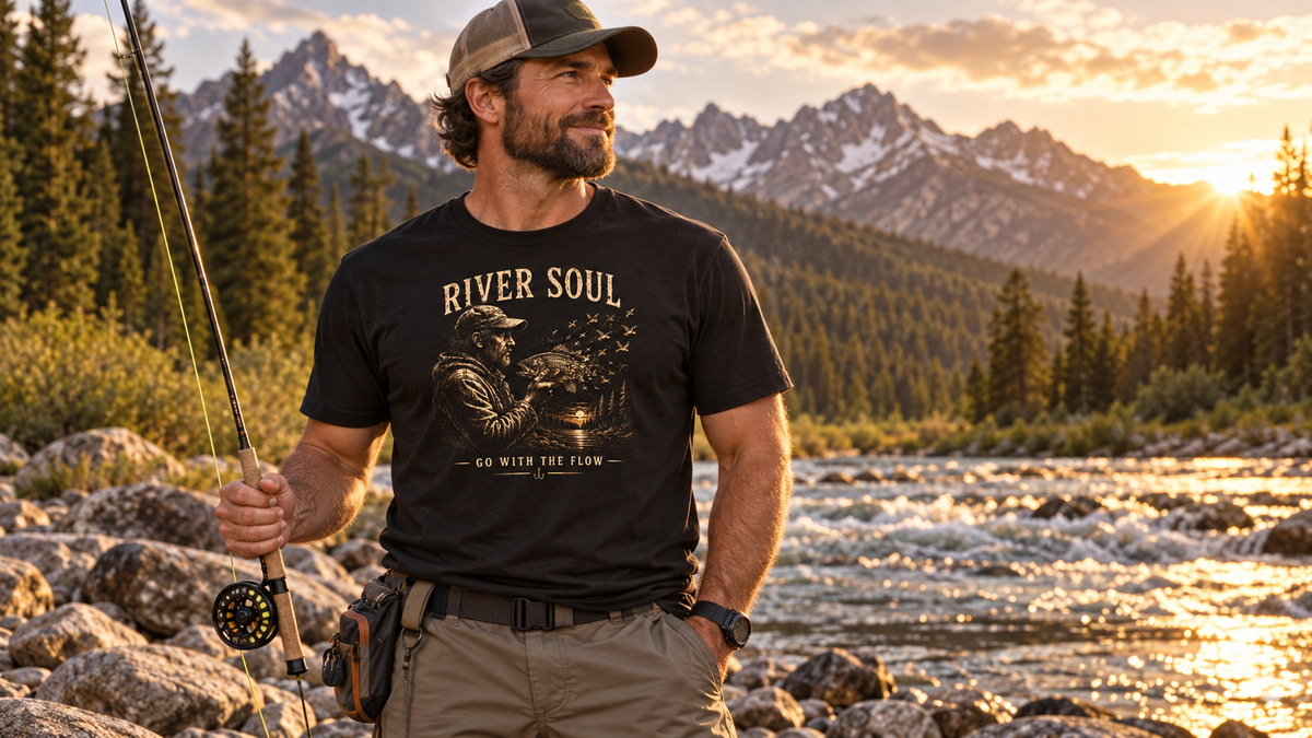Fly angler wearing the River Soul T-shirt beside a mountain river at golden hour