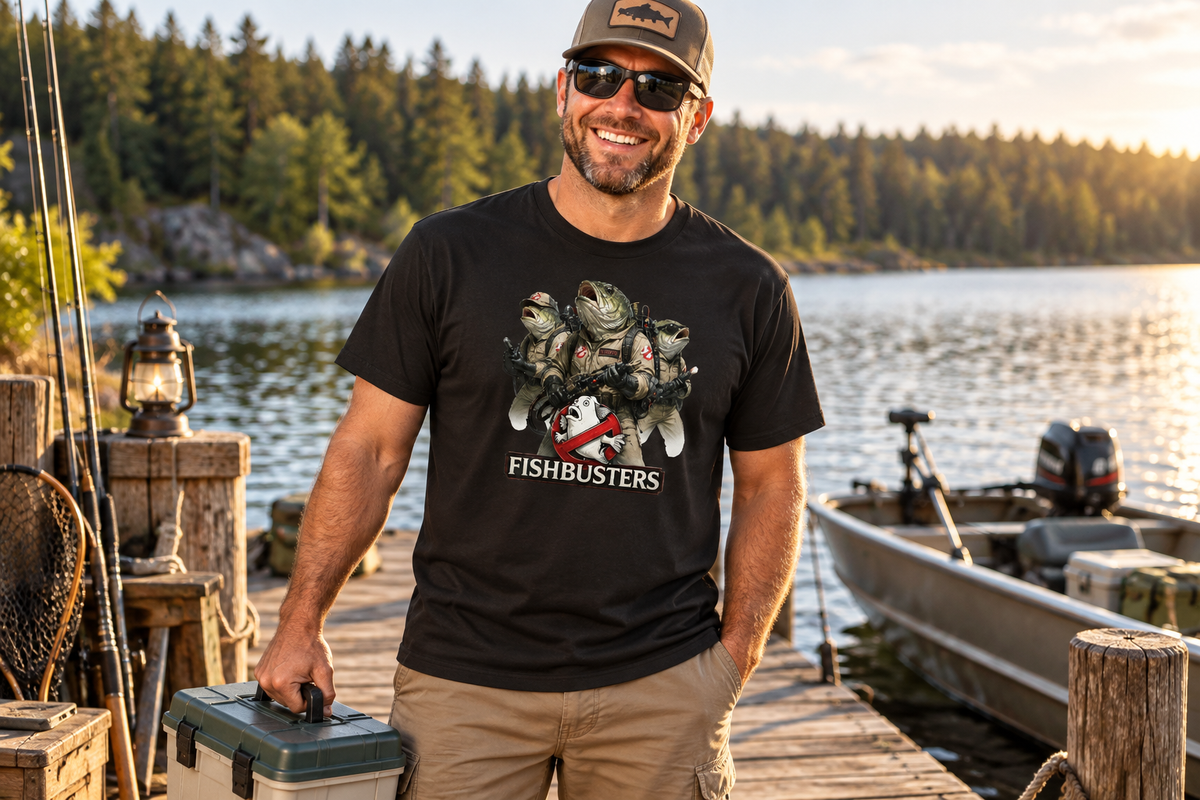 Smiling angler wearing the Fishbusters funny fishing T-shirt on a lakeside dock