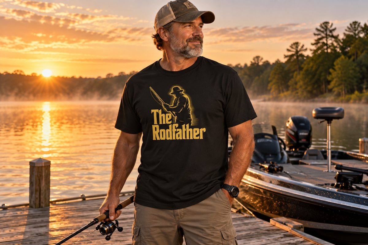 Fishing dad wearing The Rodfather T-shirt beside a bass boat at sunrise