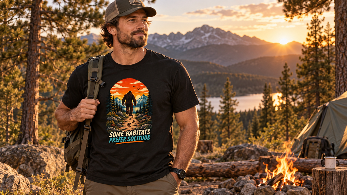 Hiker wearing Some Habitats Prefer Solitude Bigfoot T-shirt at a mountain campsite