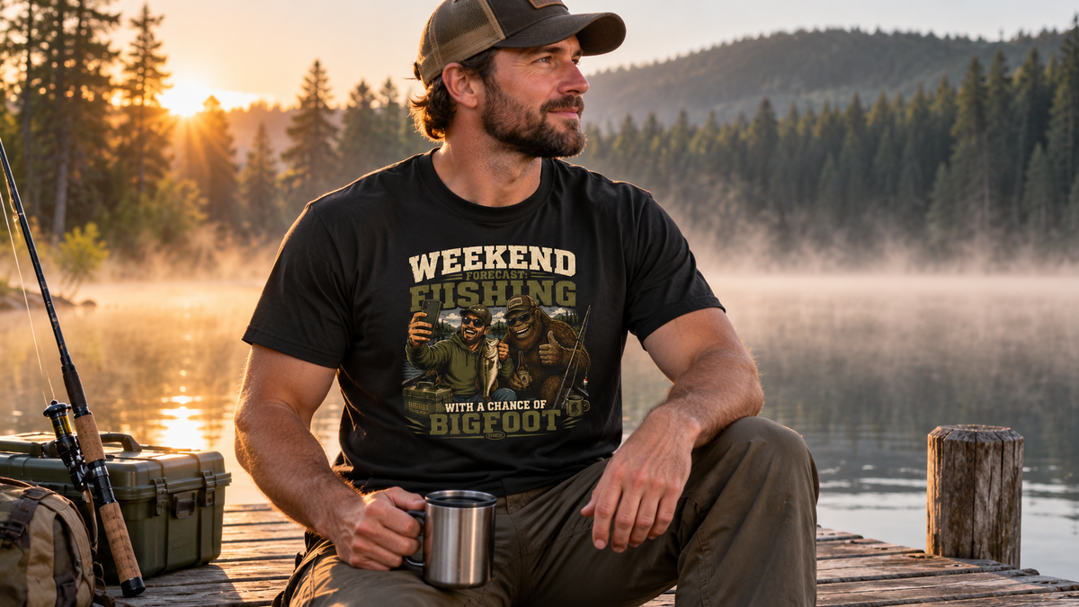 Angler wearing Weekend Fishing With Bigfoot T-shirt beside a forest lake