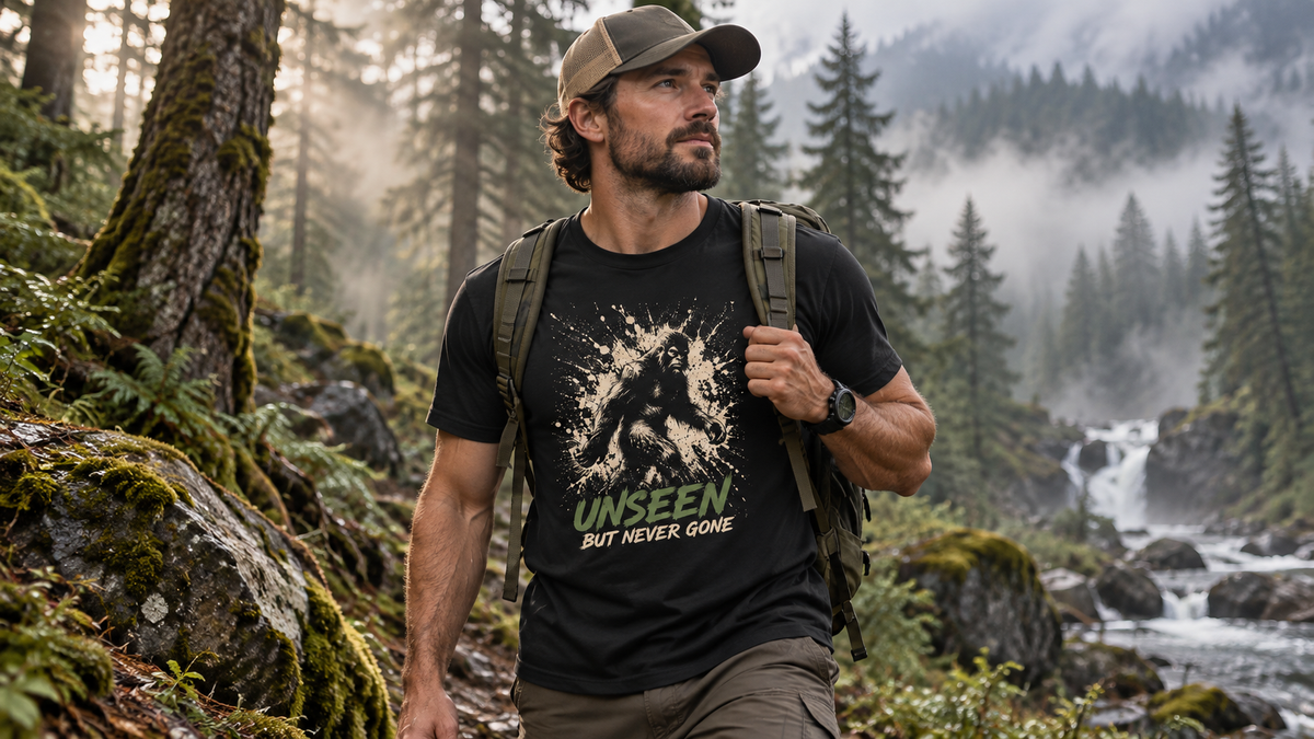 Hiker wearing Bigfoot Unseen T-shirt in a misty evergreen forest