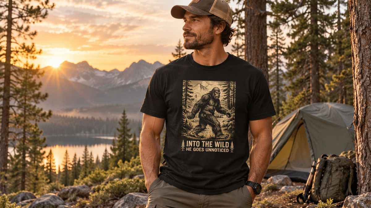 Camper wearing Into The Wild Bigfoot T-shirt beside a mountain tent
