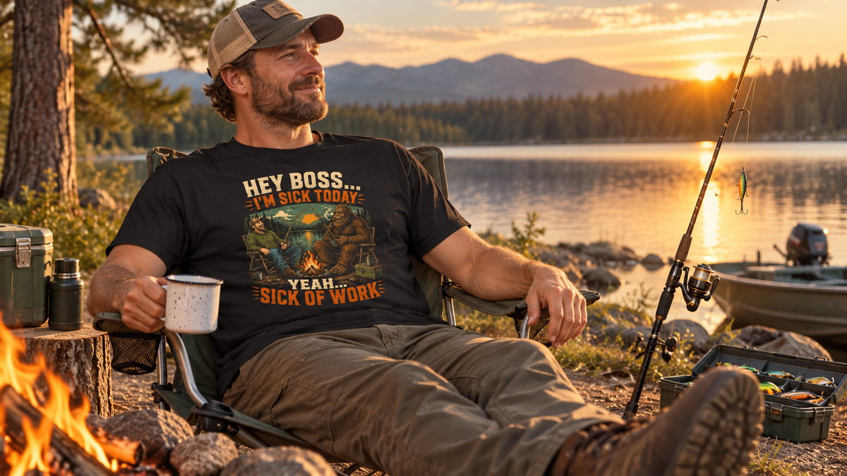 Angler wearing Sick Of Work Bigfoot T-shirt beside a lake and campfire