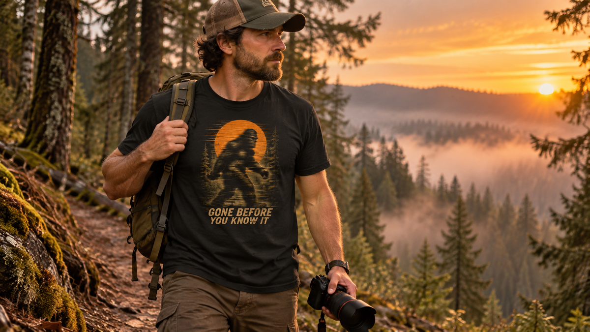 Forest photographer wearing Gone Before You Know It Bigfoot T-shirt at sunset