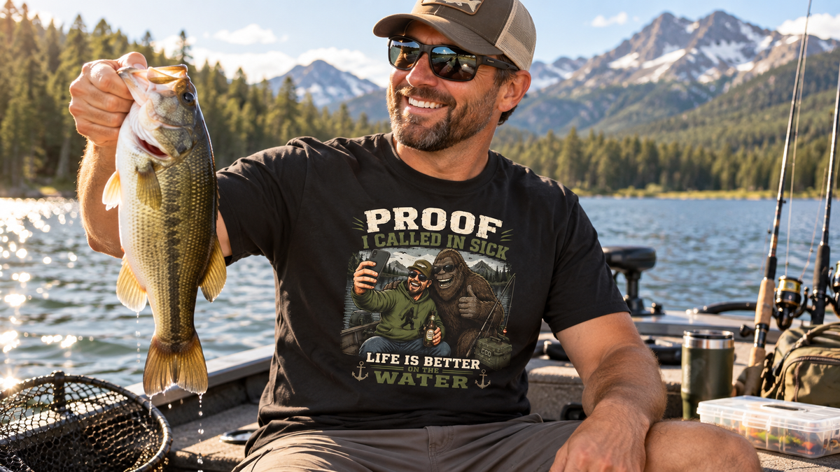Angler wearing Proof I Called In Sick Bigfoot T-shirt while holding a fish