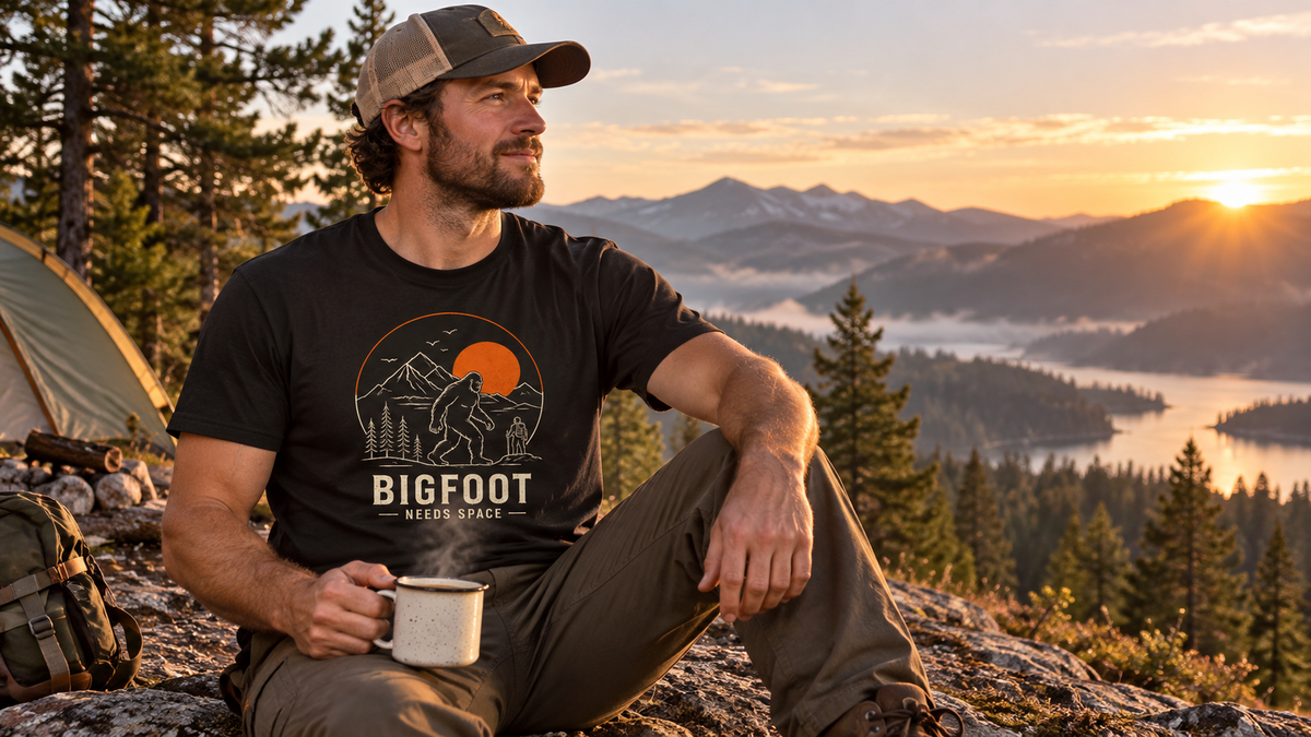 Camper wearing Bigfoot Needs Space T-shirt at a quiet mountain overlook
