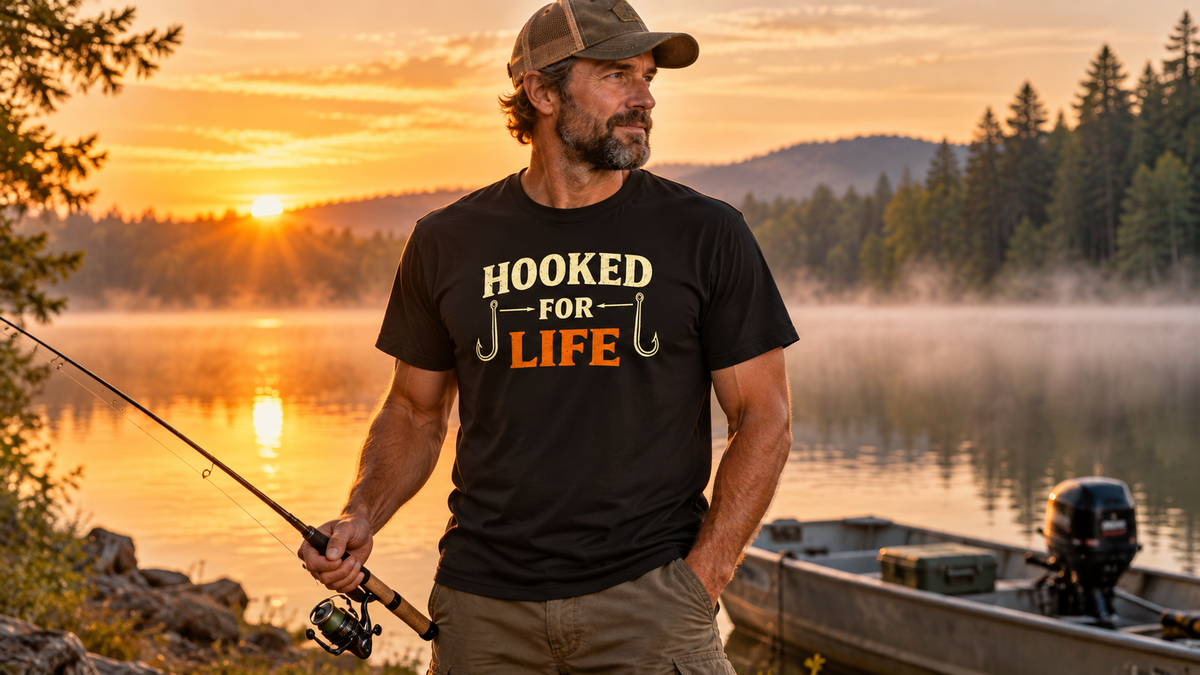 Hooked For Life angler wearing a black fishing T-shirt beside a misty lake at sunrise