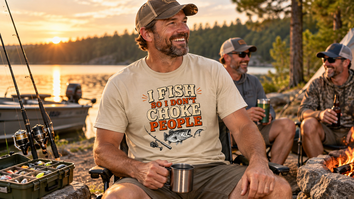 Angler wearing a funny fishing T-shirt with friends beside a lake