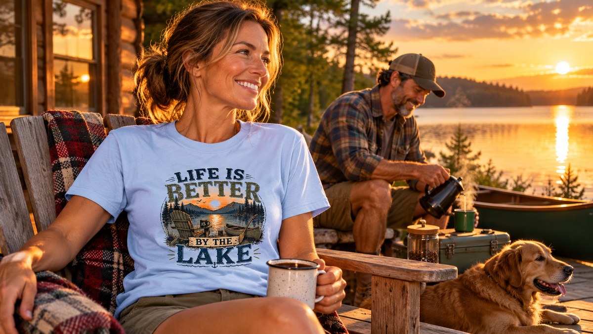 Woman wearing a Life Is Better By The Lake T-shirt at a lakeside cabin during sunset